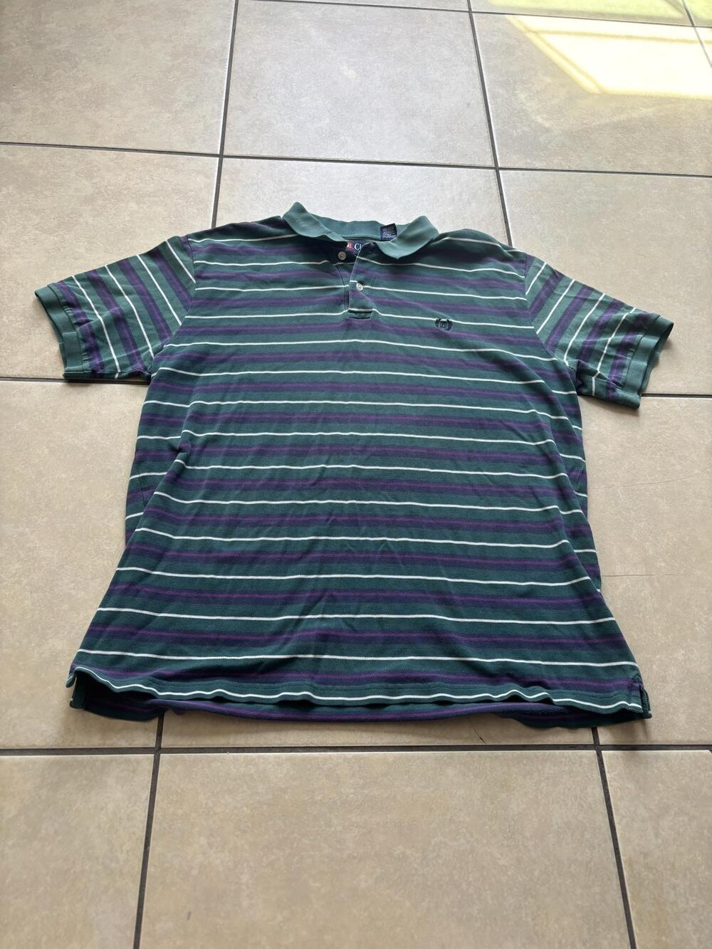 Chaps Polo Shirt Mens XL Green Purple Striped Logo Knit Short Sleeve Casual